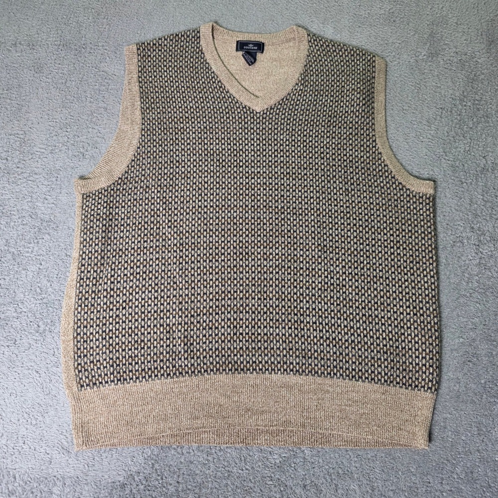 Dockers Mens Large Sweater Vest Tan Navy Birdseye Knit V-Neck Sleeveless